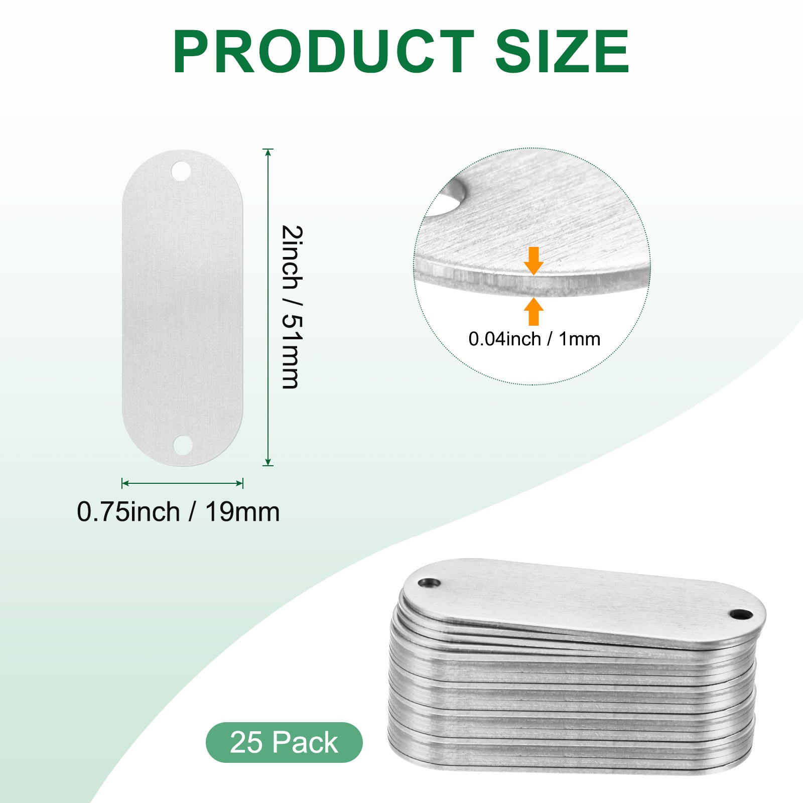 25-Pack 2″ x 0.75″ x 0.04″( L x W x T ) Blank Dog Tags [Silver, 2 Holes]