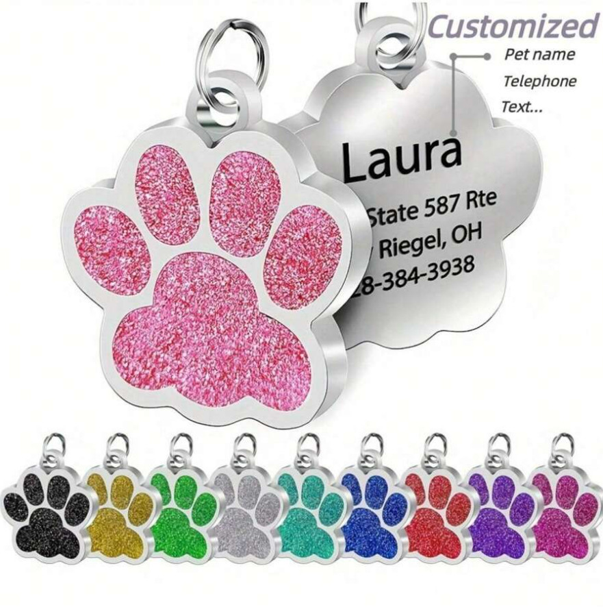 Personalized Dog Tags Engraved Puppy Pet ID Name Collar Tag Bling Paw Glitter US