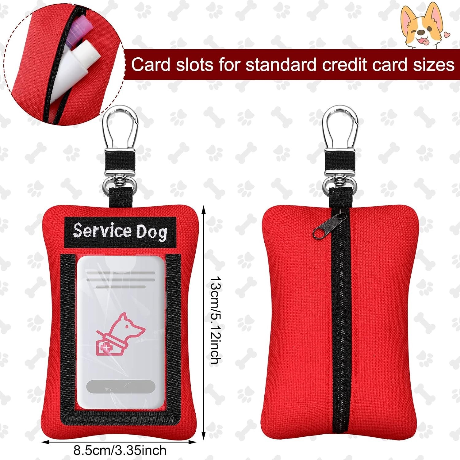 2 Pcs Bold Red Service Dog ID Holders with Clip-On Design and Zippered Pouch