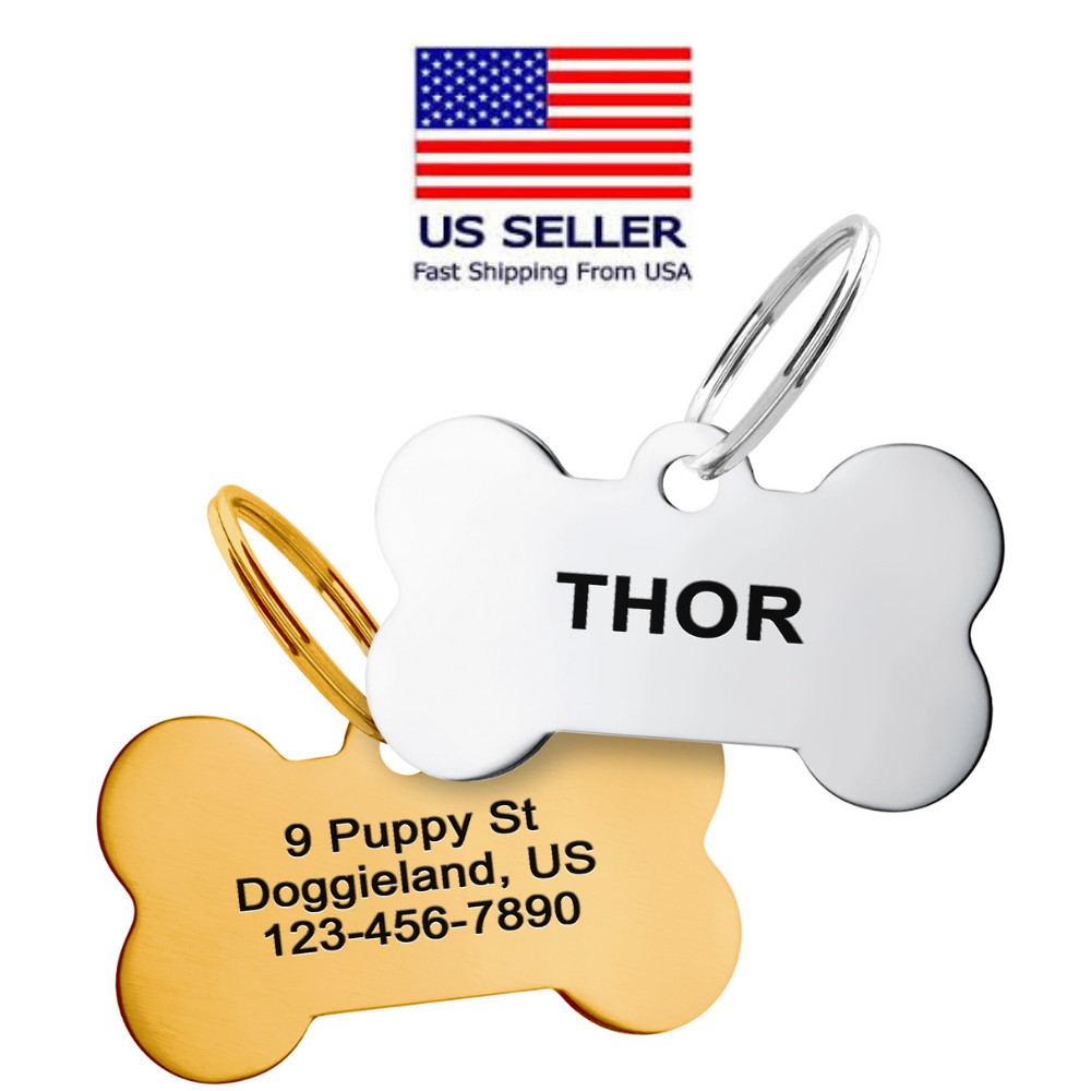 Custom Bone Shape Pet Tag ID Personalized Stainless Steel Cute Shiny Bling