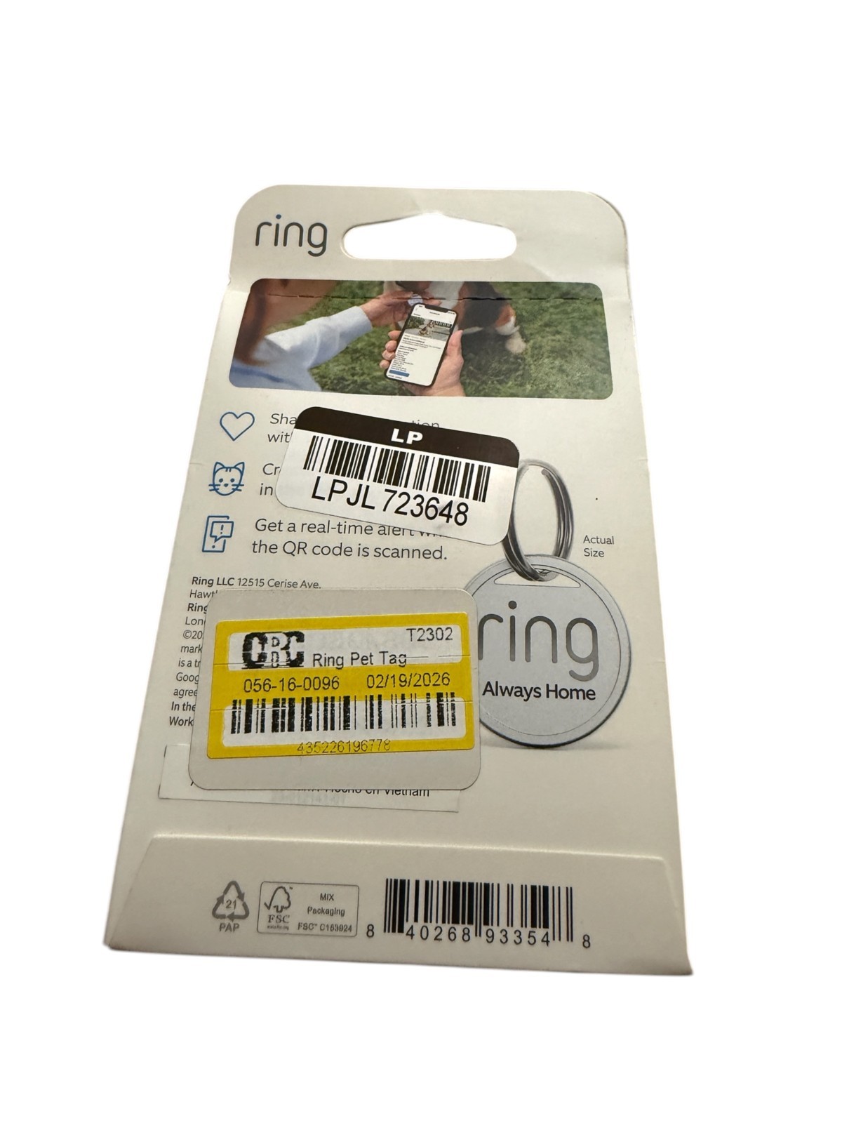 Ring Pet Tag (With QR Code) Smart Protection – With Real-Time-Scan Alerts