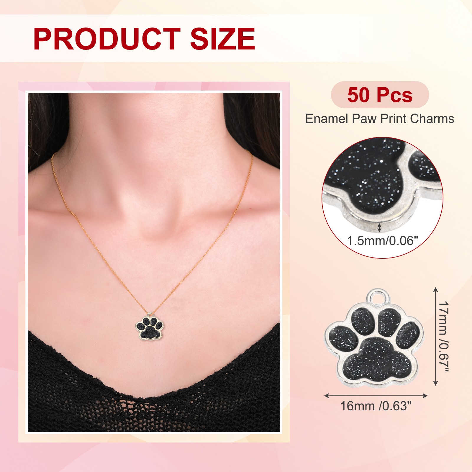 Enamel Paw Print Charms with Glitter Powder, 50Pcs(Silver Tone/Black)