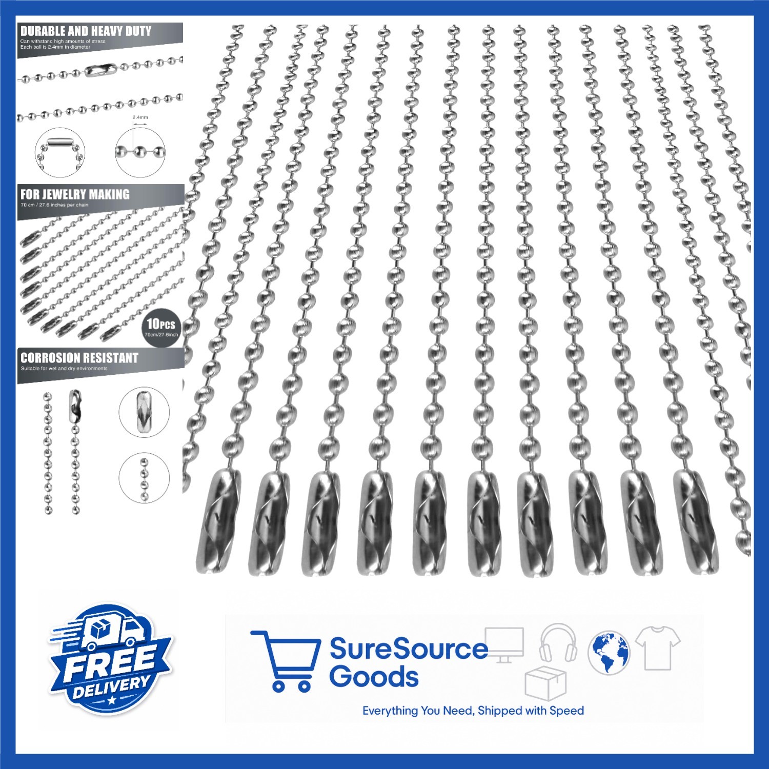 Nickel Plated Dog Tag Chains for Men 10 pcs 27.6″ Long Ball Chain Necklace