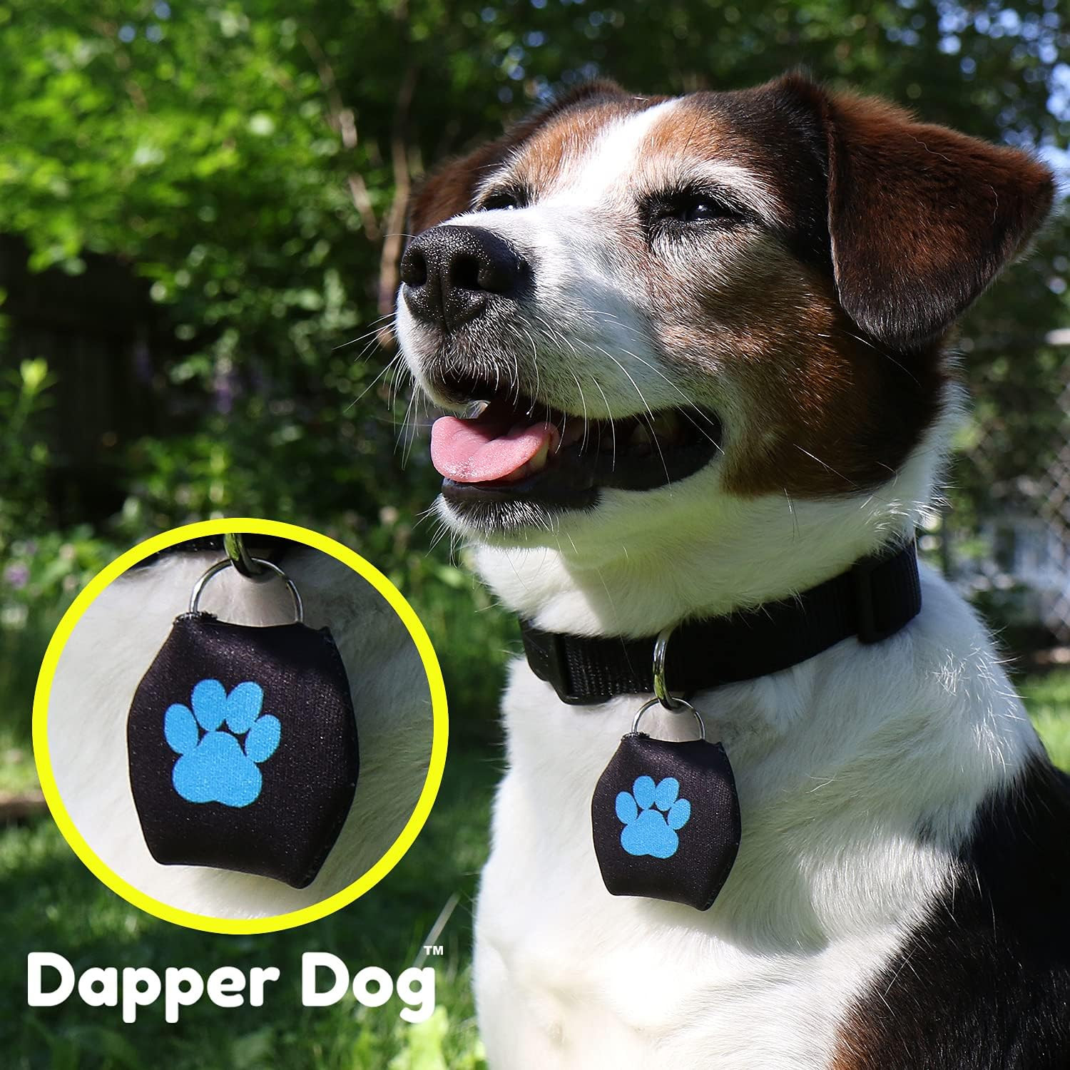 Dapper Dog – Dog Tag Silencer with Tag Ring (Black, Large Dark Blue Paw Print)