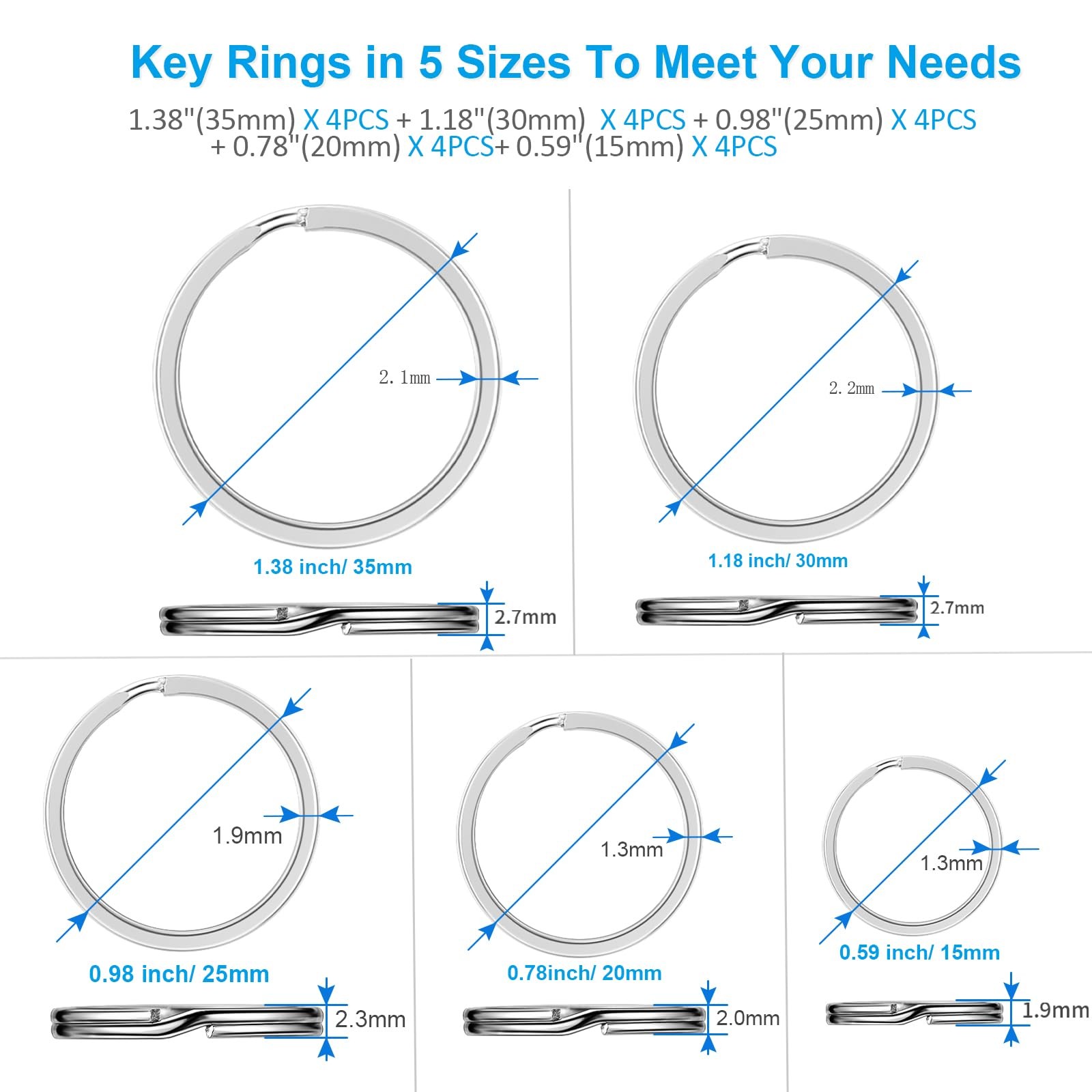 YHYZ Split Key Ring Circle Assorted, Metal Flat Round Keyring Durable in 5 Sizes