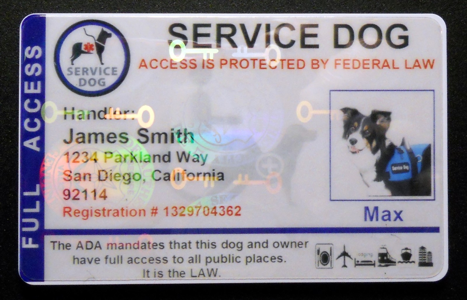 HOLOGRAPHIC SERVICE DOG ID CARD FOR SERVICE ANIMAL ADA RATED 8 BH
