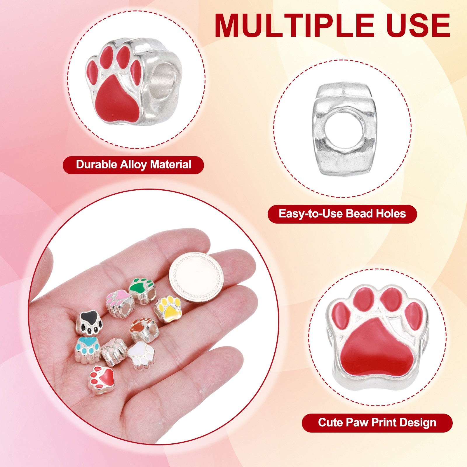 Enamel Paw Print Charms, Alloy Dog Cat Paw Large Hole Beads, 20Pcs(Red)
