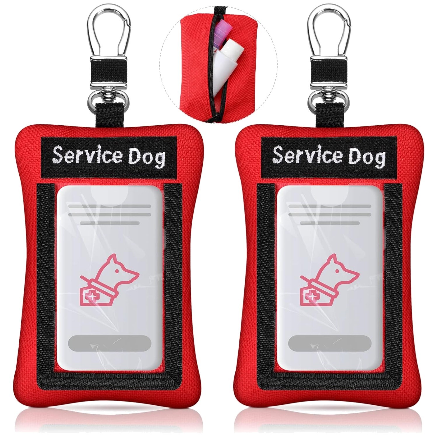 2 Pcs Bold Red Service Dog ID Holders with Clip-On Design and Zippered Pouch