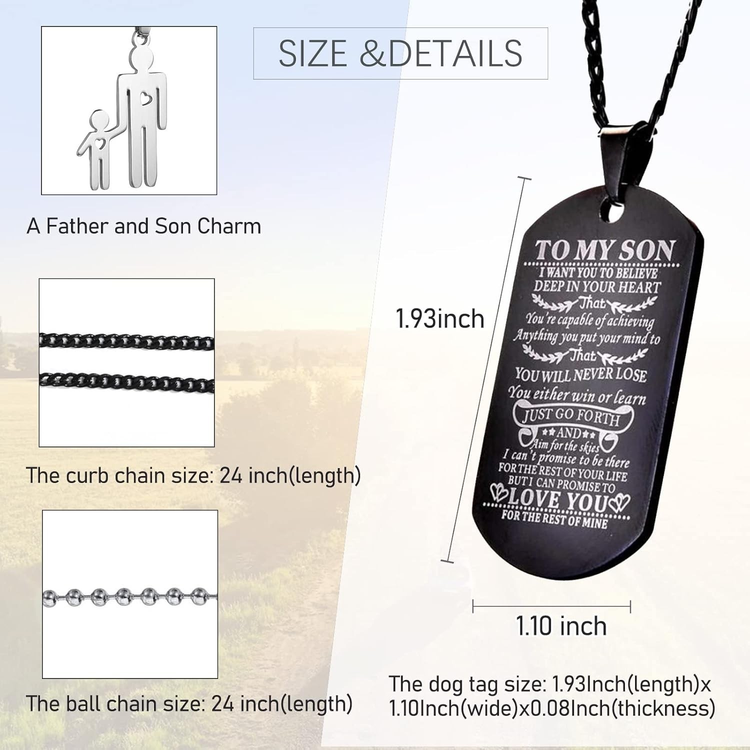 Durable Black Dog Tag Necklace for Men 20 Inch Curb Chain Comfortable Wear