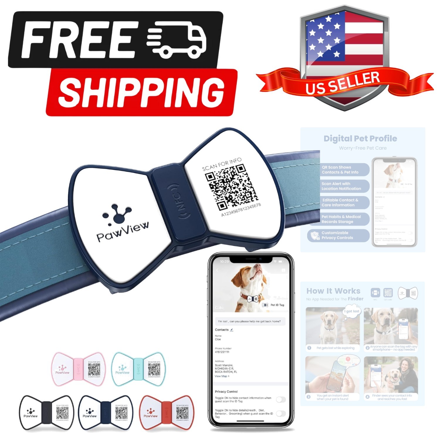 Smart Pet ID Tag, QR Code Dog Tag, No Fee, Waterproof Silent Silicone Pet Nam…
