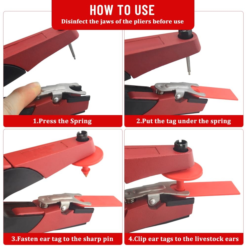 100 Red Plastic Ear Tags, 1-100, 1 PCS Applicator, Livestock, Goat, Sheep
