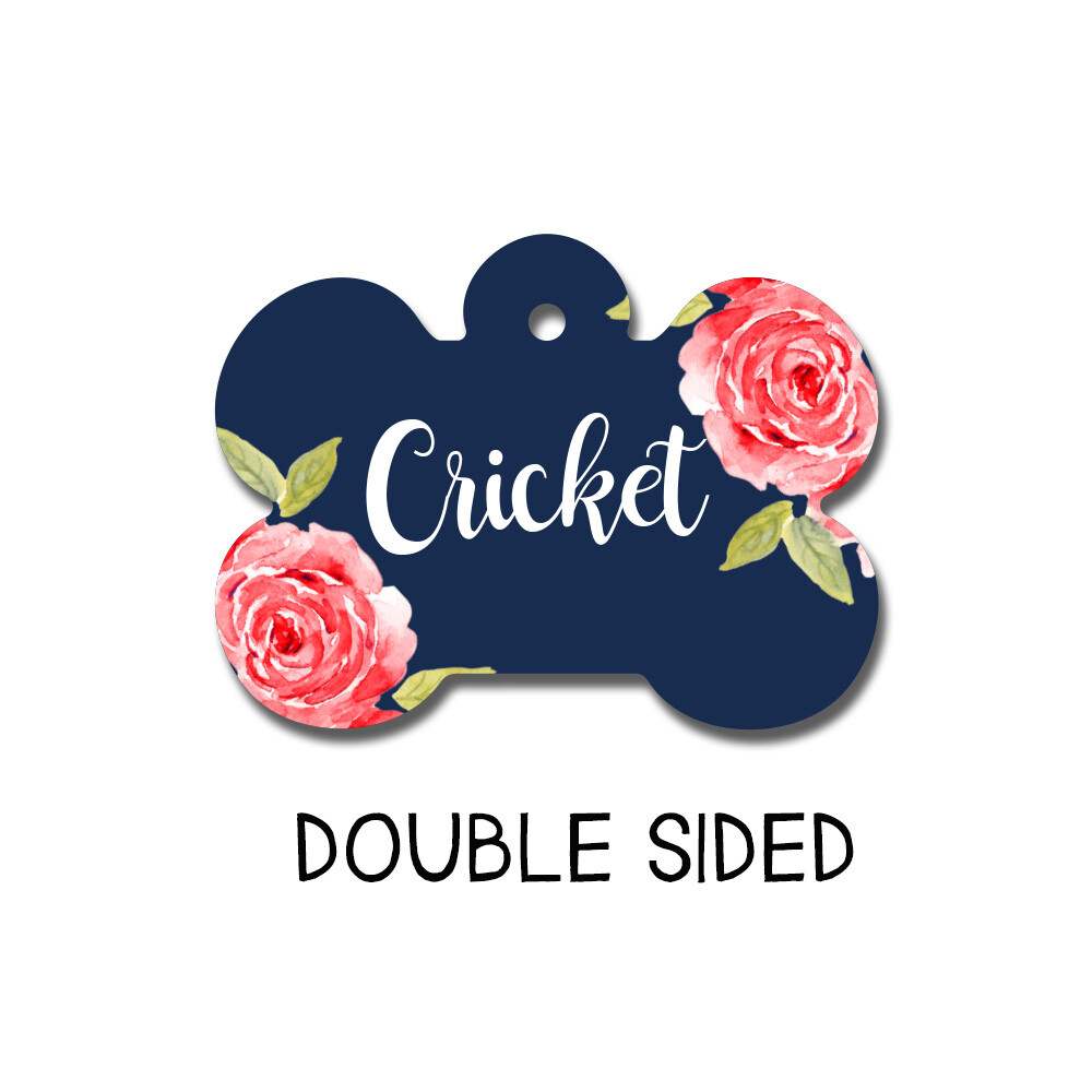 Personalized Pet ID Tag, Floral Dog Tag, Double Sided Dog Tag for Girls, Rose