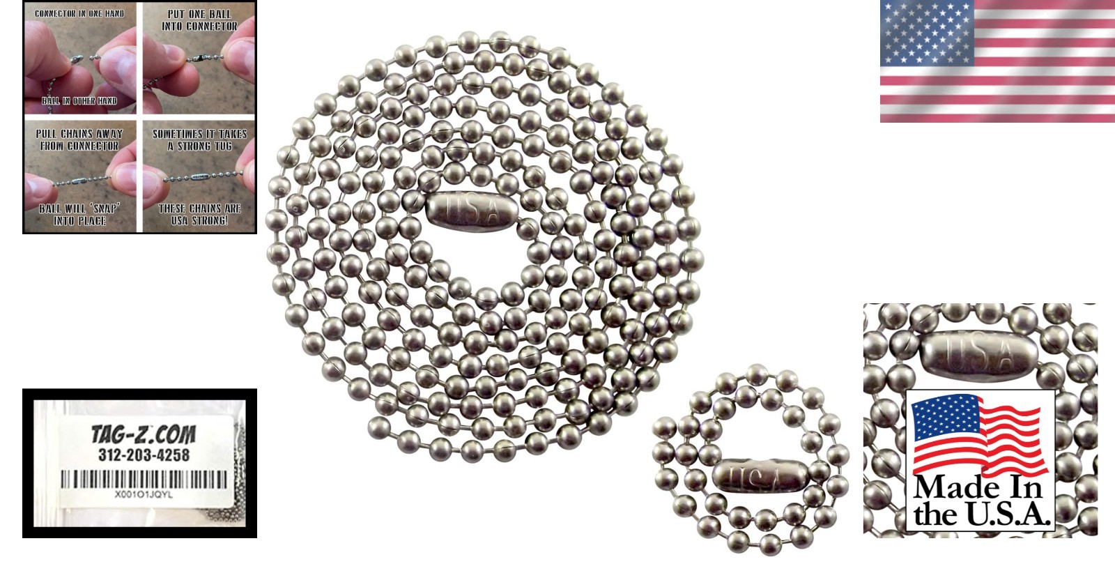 Stainless Steel Dog Tag Chain Set with 27 Inch and 4.5 Inch Ball Chains