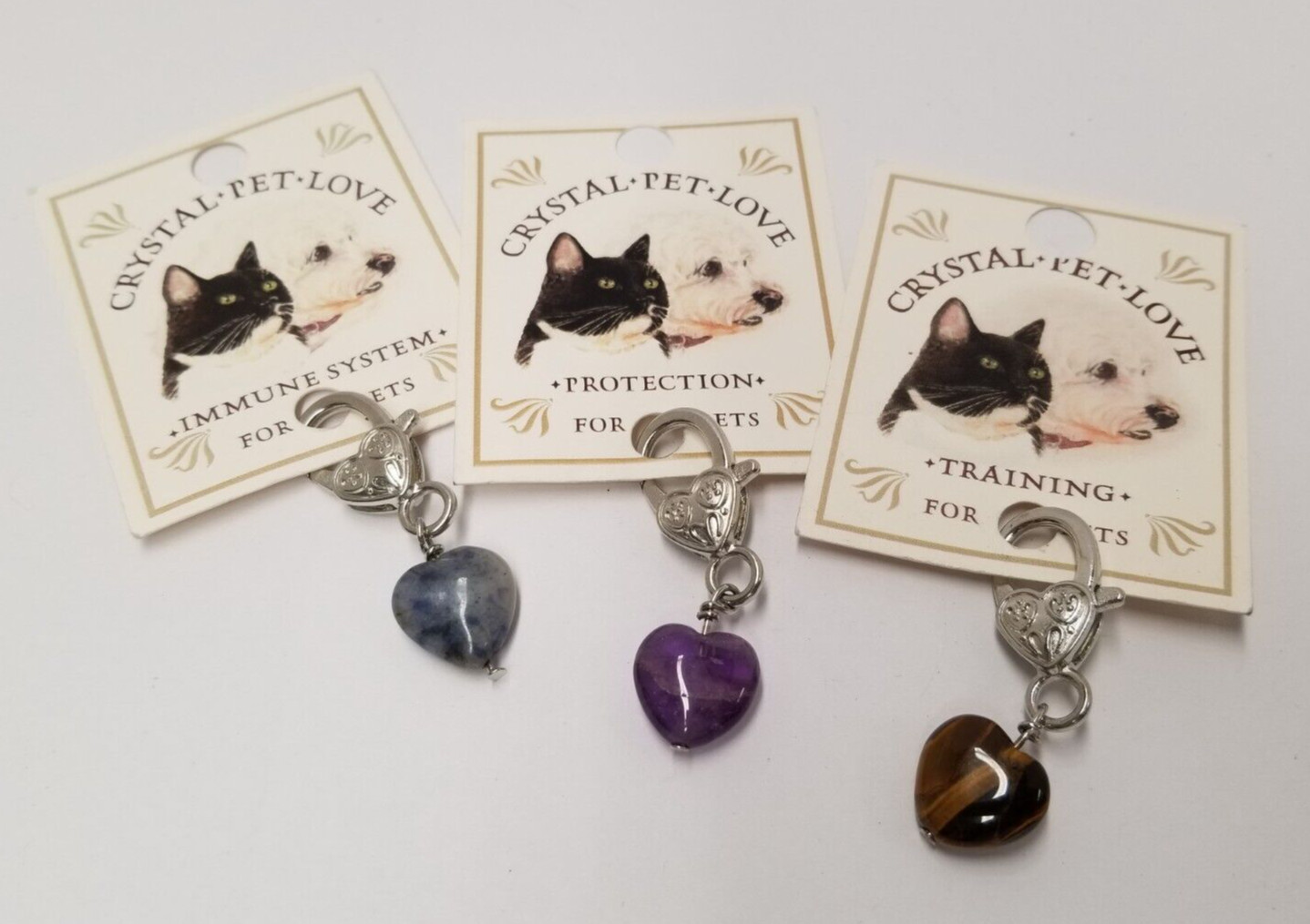 Sodalite, Amethyst, & Tiger’s Eye Crystal Heart Pet Collar Charms (3 Pack)