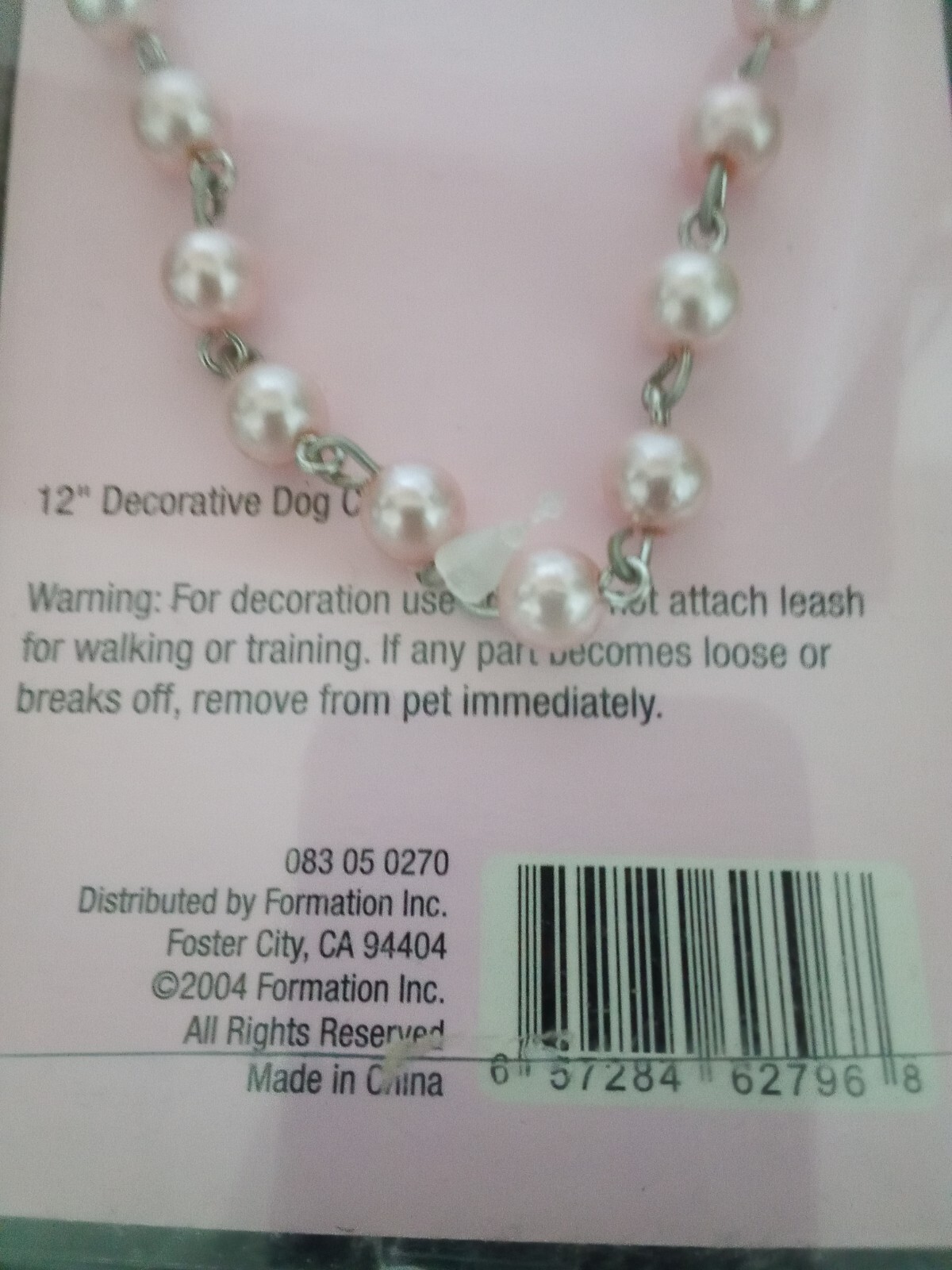 Dog Necklace toggle clasp heart tag new in box silver tone fake pearls 12″ 2004