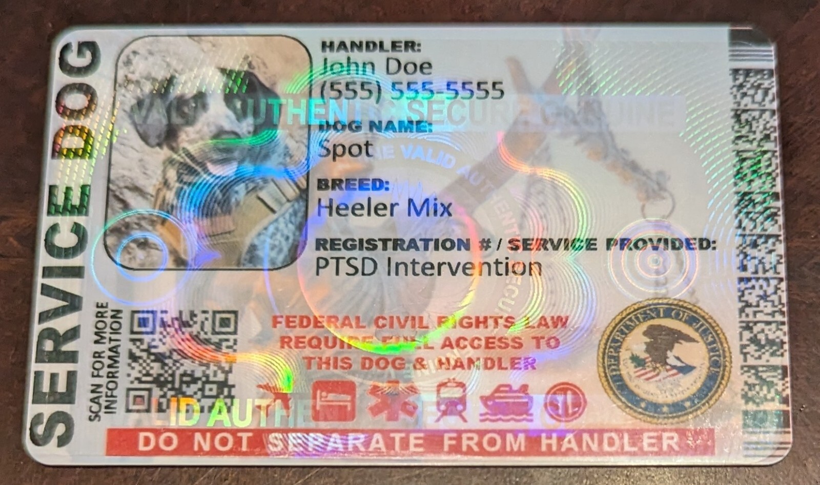 SERVICE DOG ID CARD HOLOGRAPHIC – DUAL SIDED CUSTOMIZABLE PHYSICAL & DIGITAL LJ