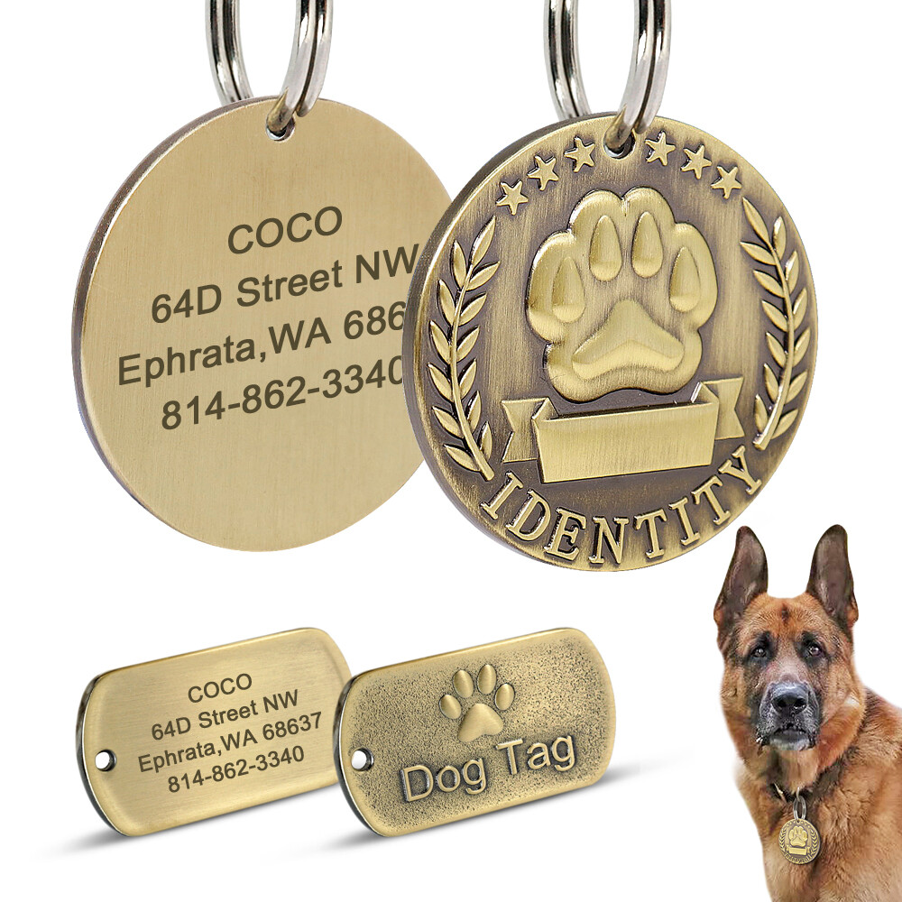 Personalized Pet Dog ID Tags Brass Military Name Address Collar Discs Engraved