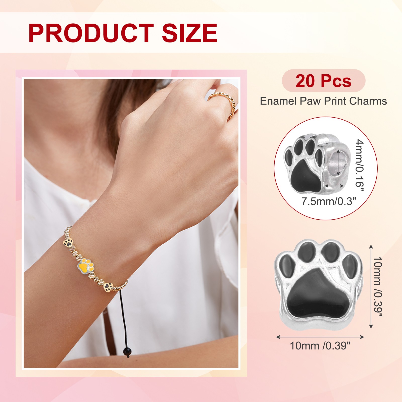 Enamel Paw Print Charms, Alloy Dog Cat Paw Large Hole Beads, 20Pcs(Black)