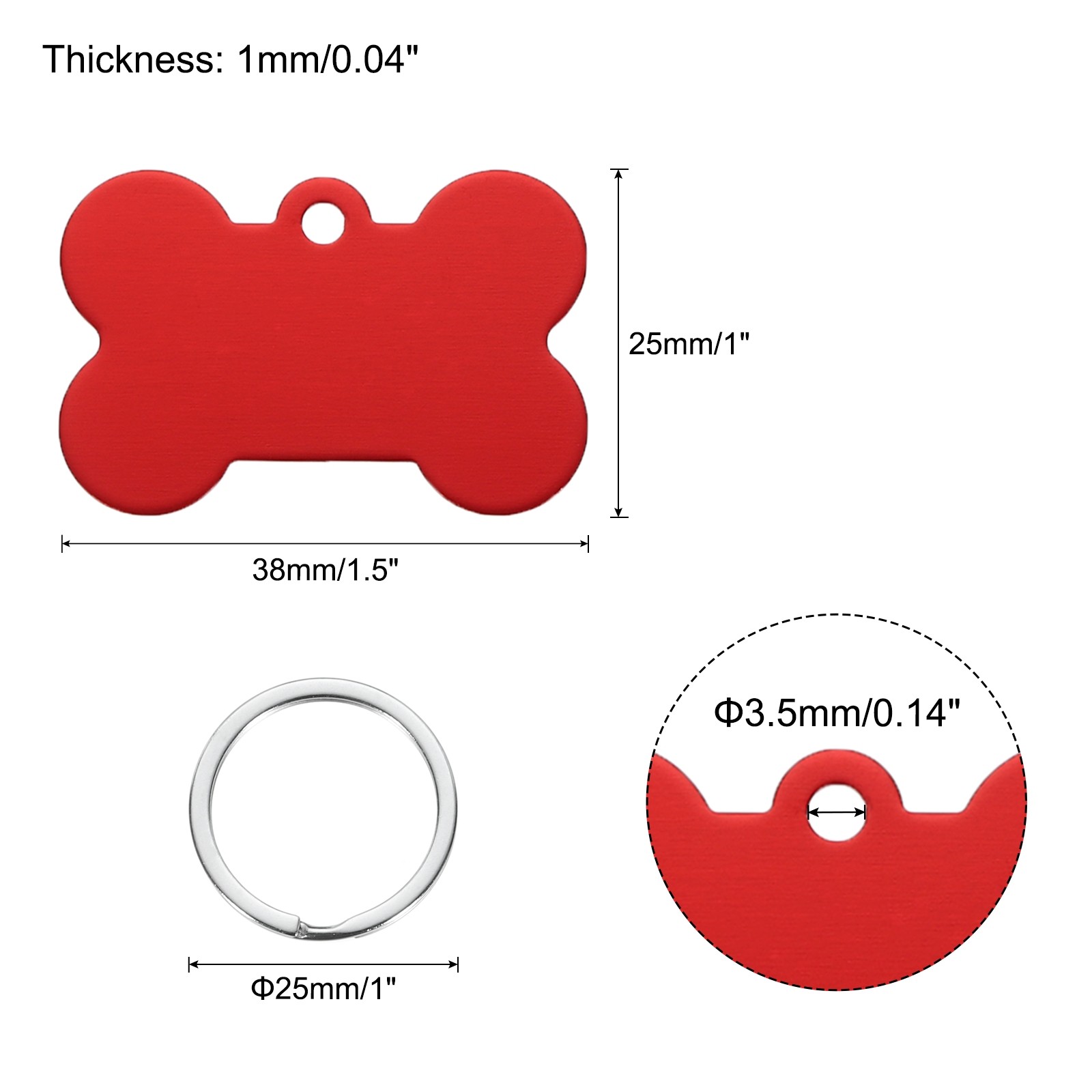 Bone Shaped Dog Tag Pet ID Tags, 1.5″x1″ Metal Red Blank with Ring, 30pcs