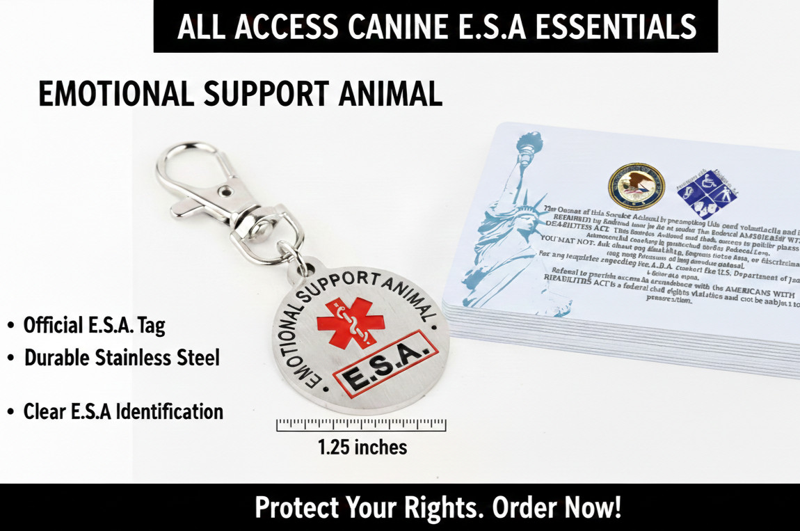 Emotional Support Animal ESA Dog Metal Collar Tag +ADA Cards | ALL ACCESS CANINE