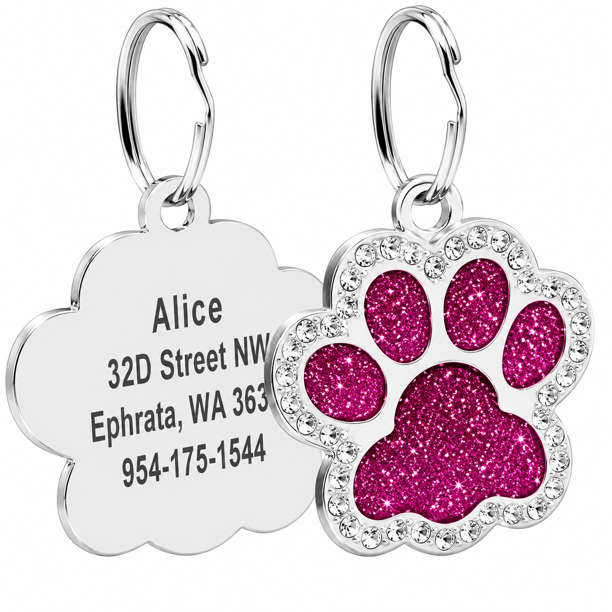 Personalized Pet ID Tag Custom Engraved Dog Cat Name Tag Glitter Paw Charm