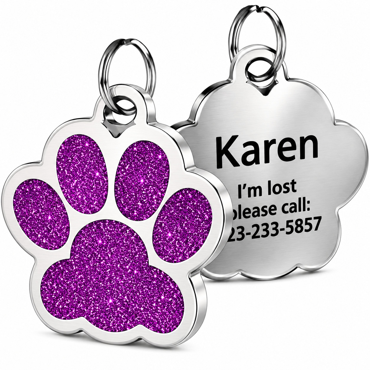 Personalized Pet ID Tag Custom Engraved Dog Cat Name Tag Glitter Paw Charm