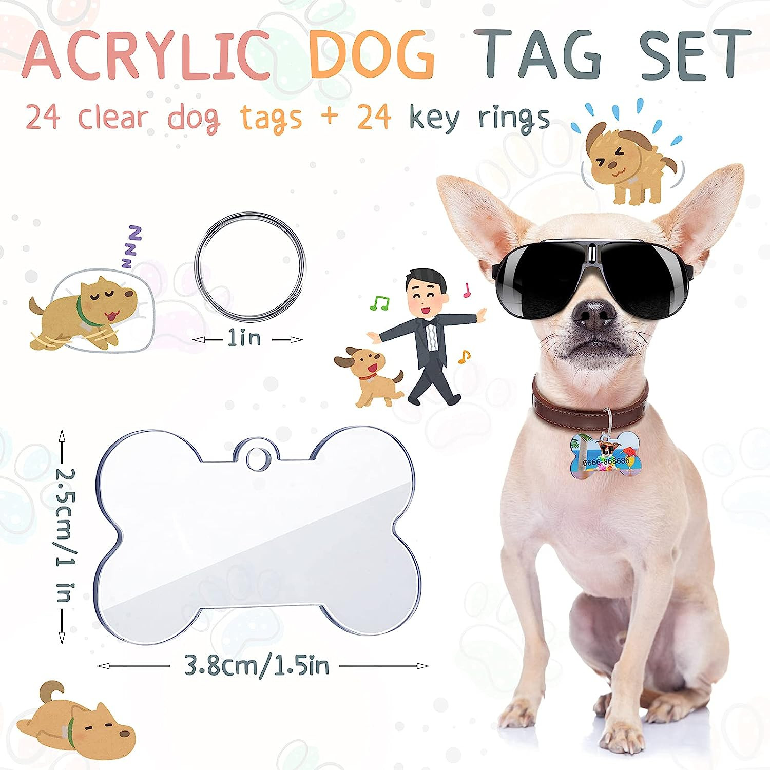24 Pcs Blank Acrylic Dog Tag 1.49 X 1 Inch Double Dise Bone Shap ID Tags with Ke