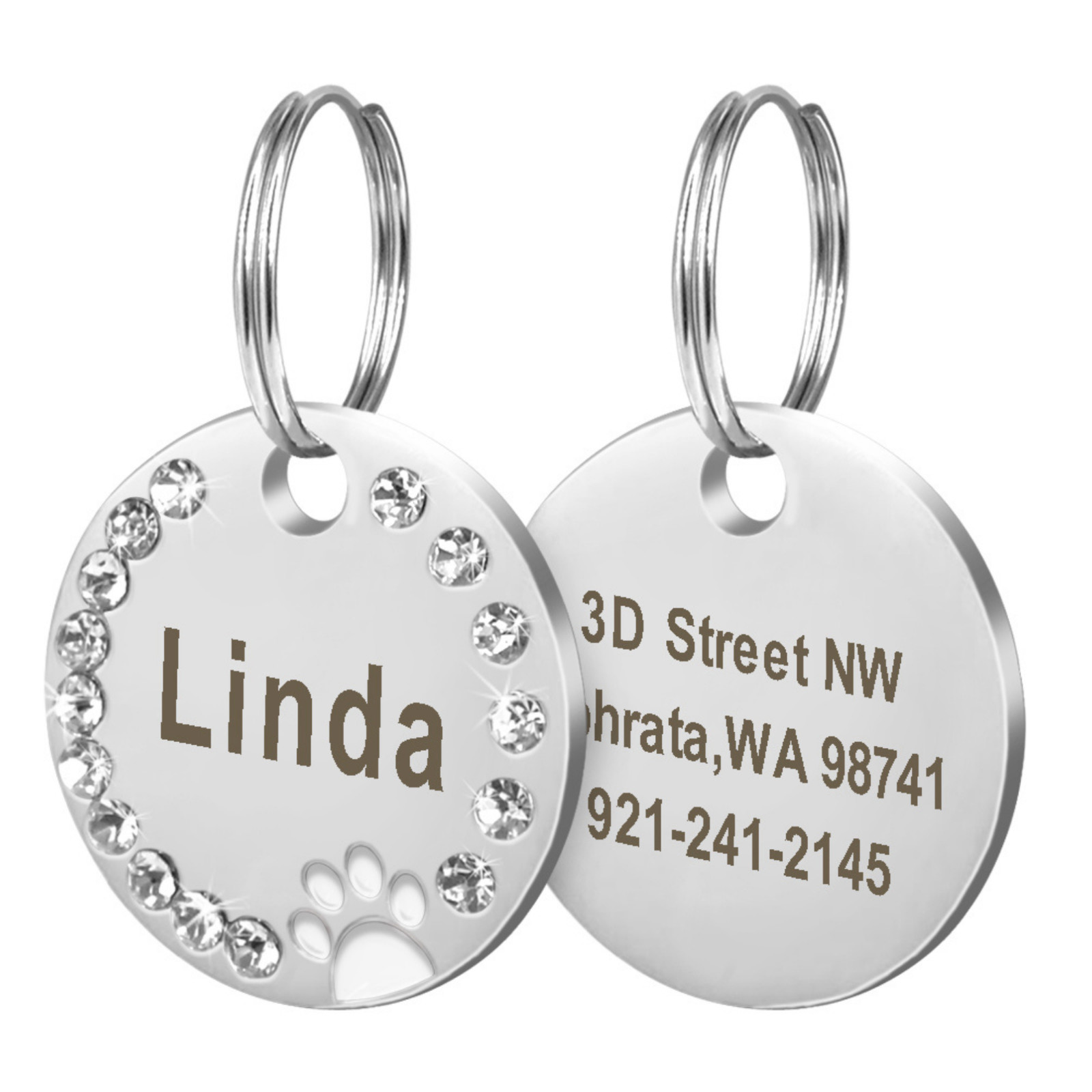 Personalized Dog ID Tag Custom Engraved Pet Name Tag Rhinestone Round Metal
