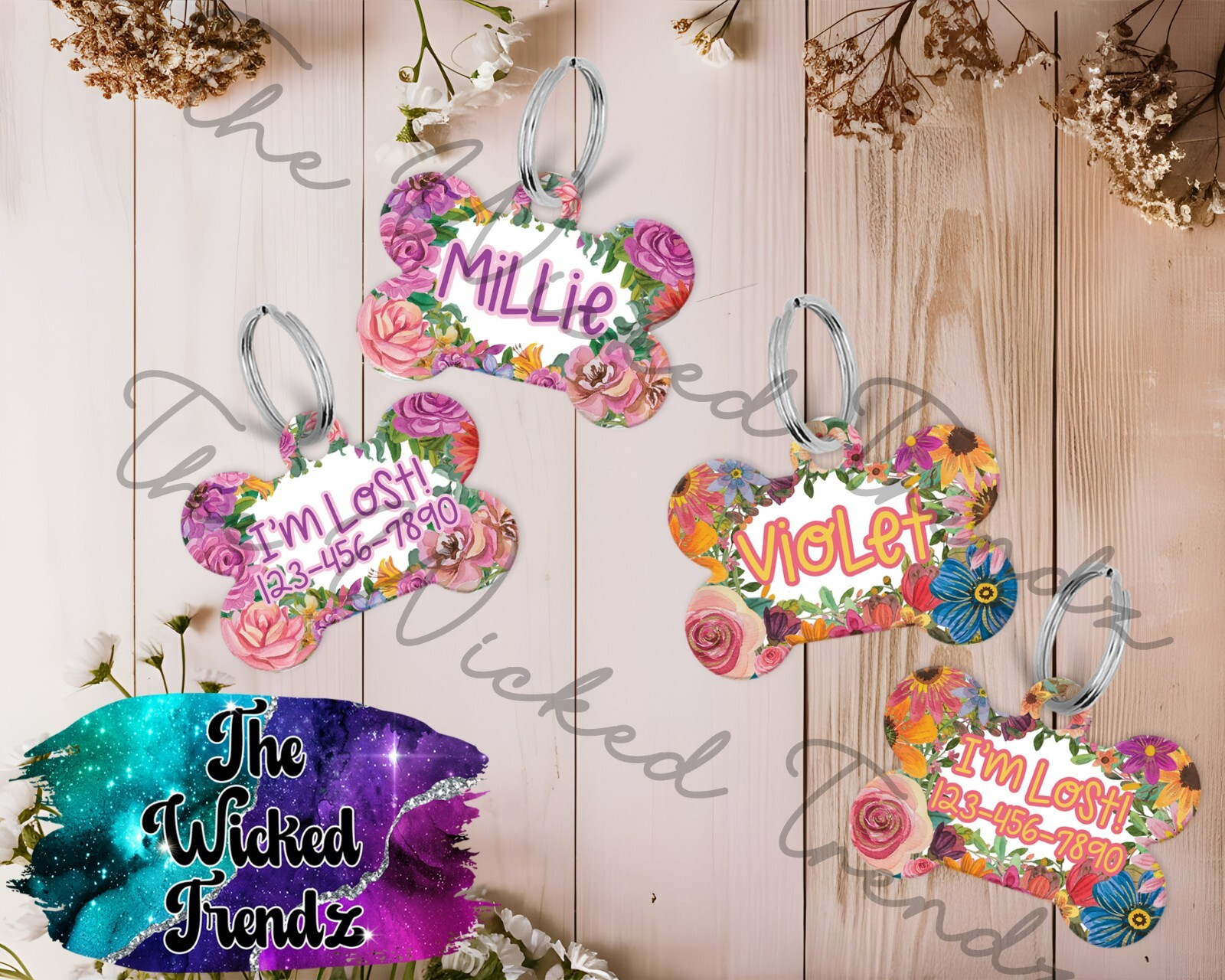 Spring Fall Floral Flowers Girl Dog Custom Personalized Pet Name ID Dog Tag