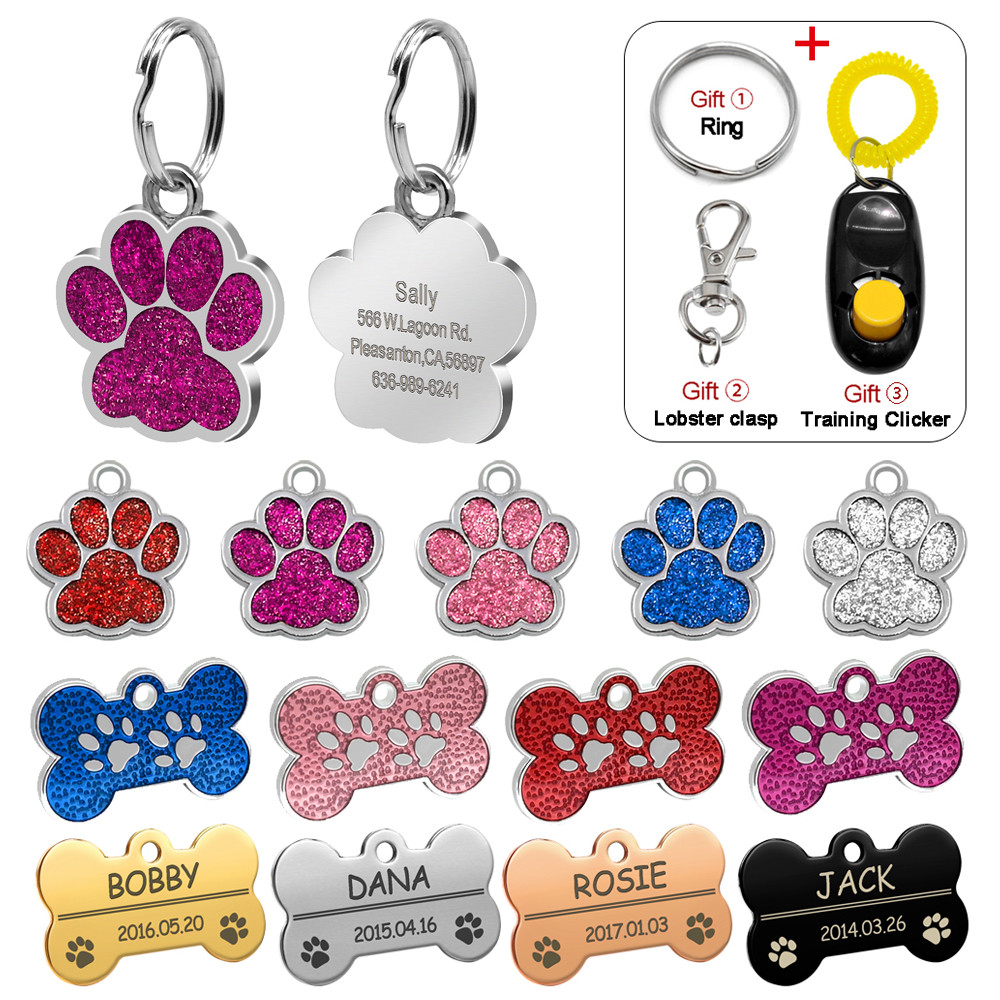 Personalized Dog Name Tags Cat Puppy Pet ID Collar Engraved Tag Bone Paw Glitter