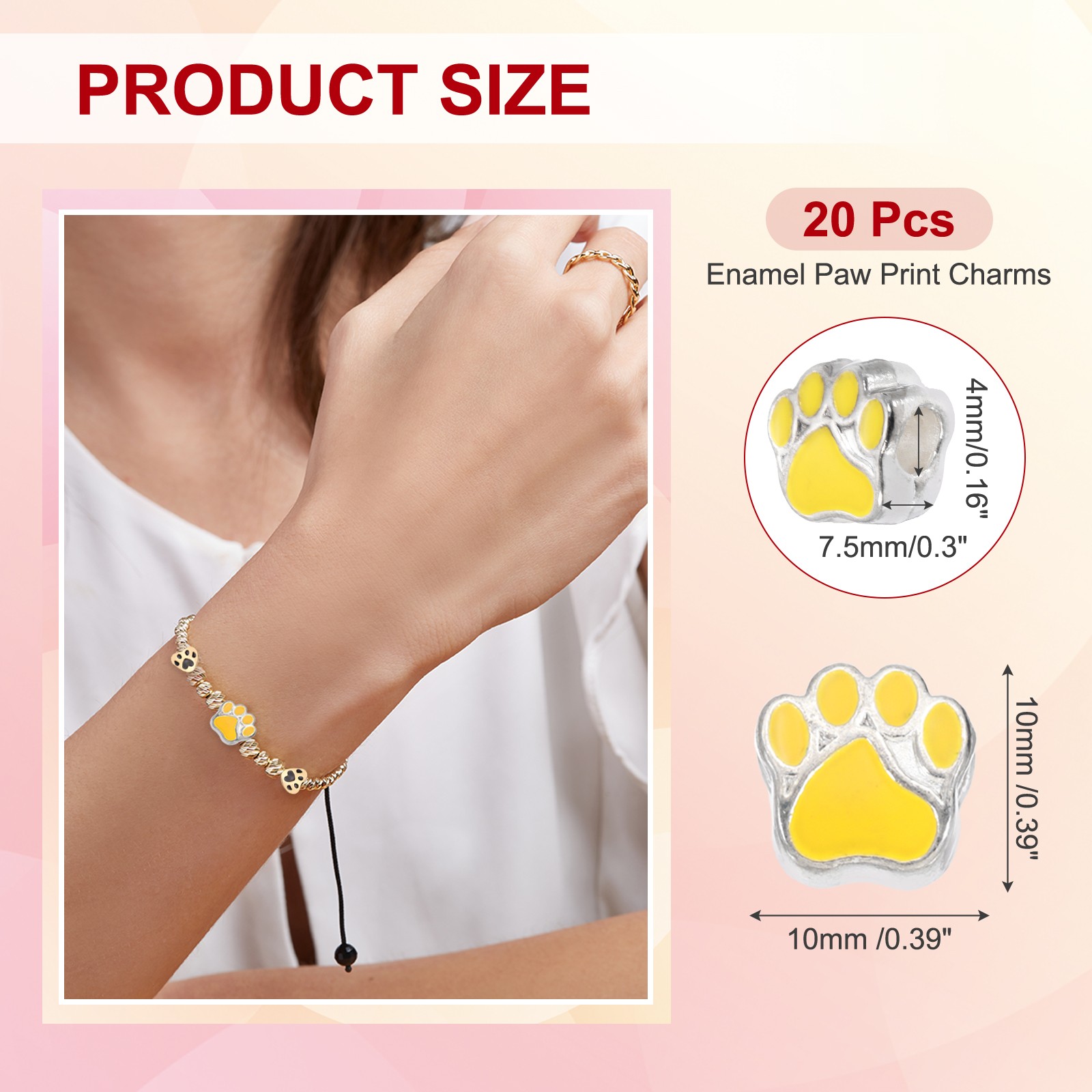 Enamel Paw Print Charms, Alloy Dog Cat Paw Large Hole Beads, 20Pcs(Yellow)