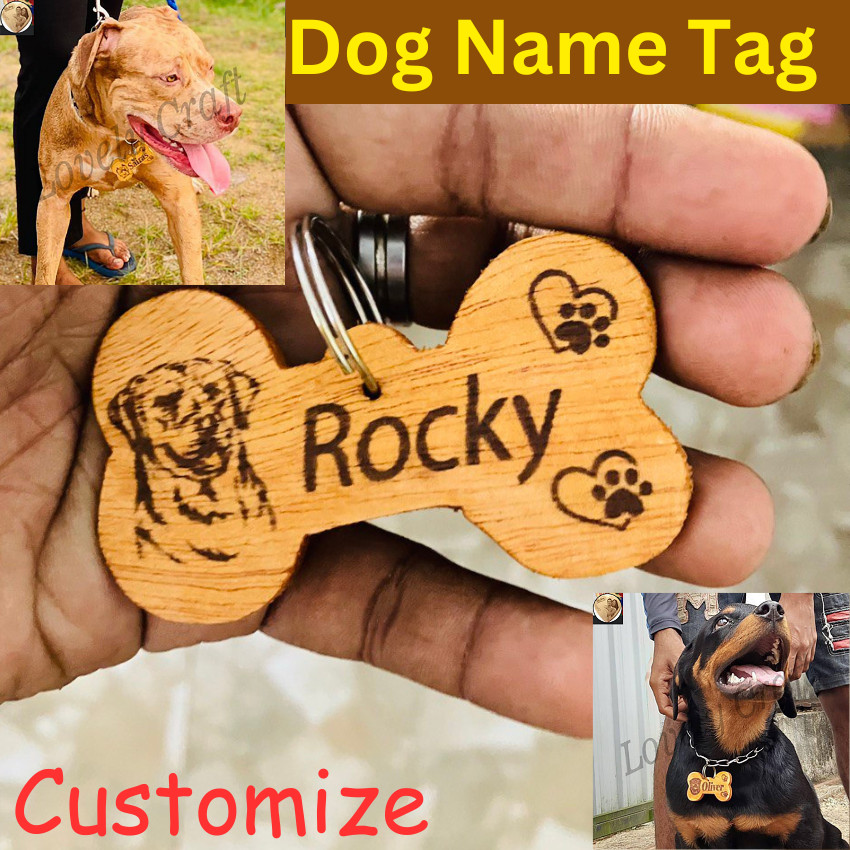 Dog /Cat Name Customized Tag Engraved Print Pet ID Bone tag Wooden Personalized