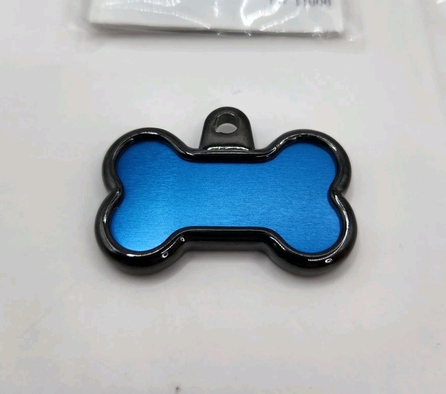 Dog Tag Works Custom Gun Metal & Blue Bone Engravable New Pet Collar Charm
