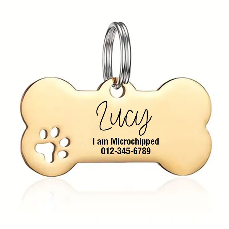 Personalized Bone Paw Print Dog Tag, Cat ID | Engraved Pet Tag