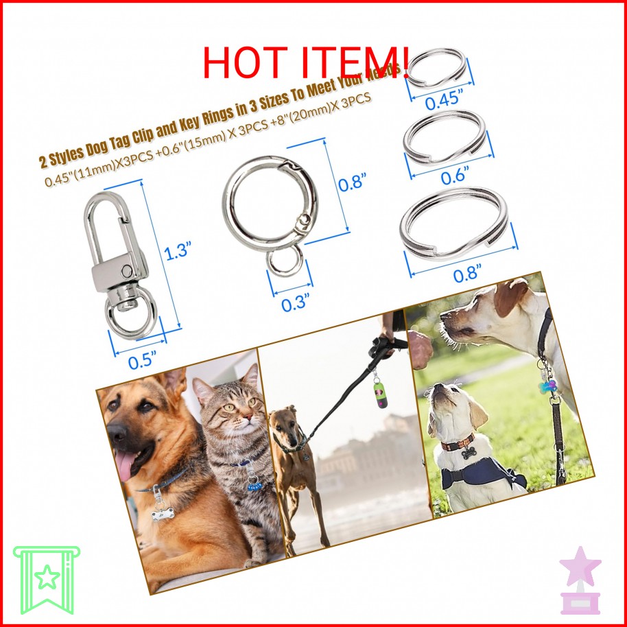 WOXBITA Dog Tag Clips for Collar,with 15Pcs Replaceable Dog ID Name Tag Ring Cli