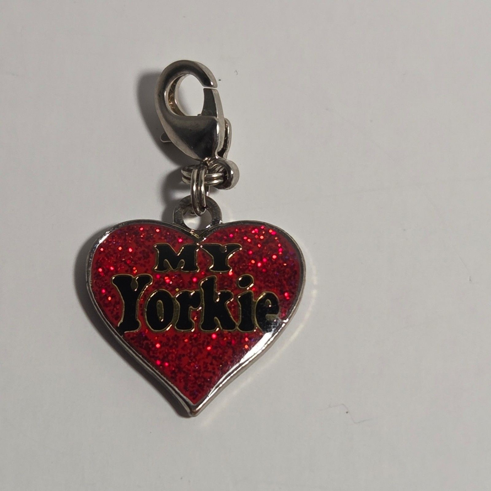 “My Yorkie” Red Glitter Heart Dog Lover Tag Pet Charm Lobster Clasp Double Sided