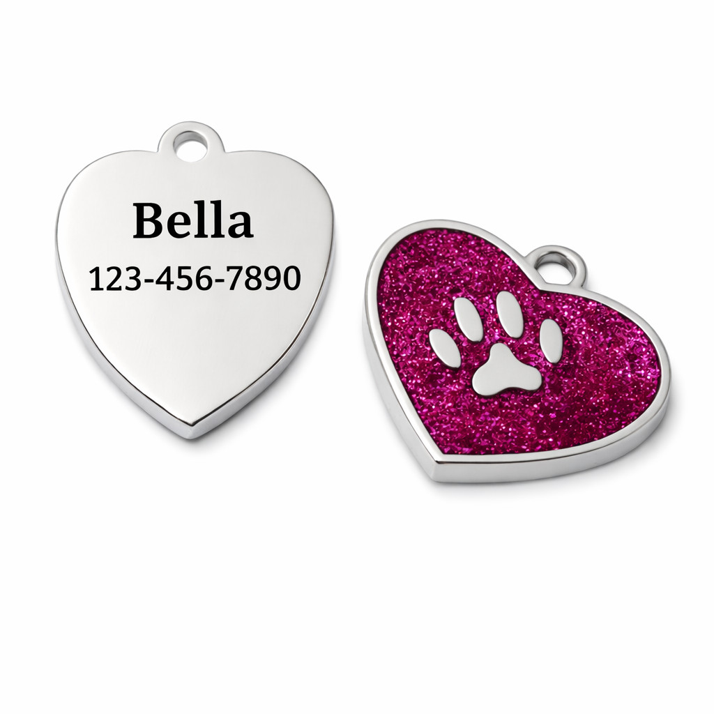 PET ID TAG CUSTOM ENGRAVED PERSONALIZED DOG CAT NAME TAGS HEART Glitter Dog Tags