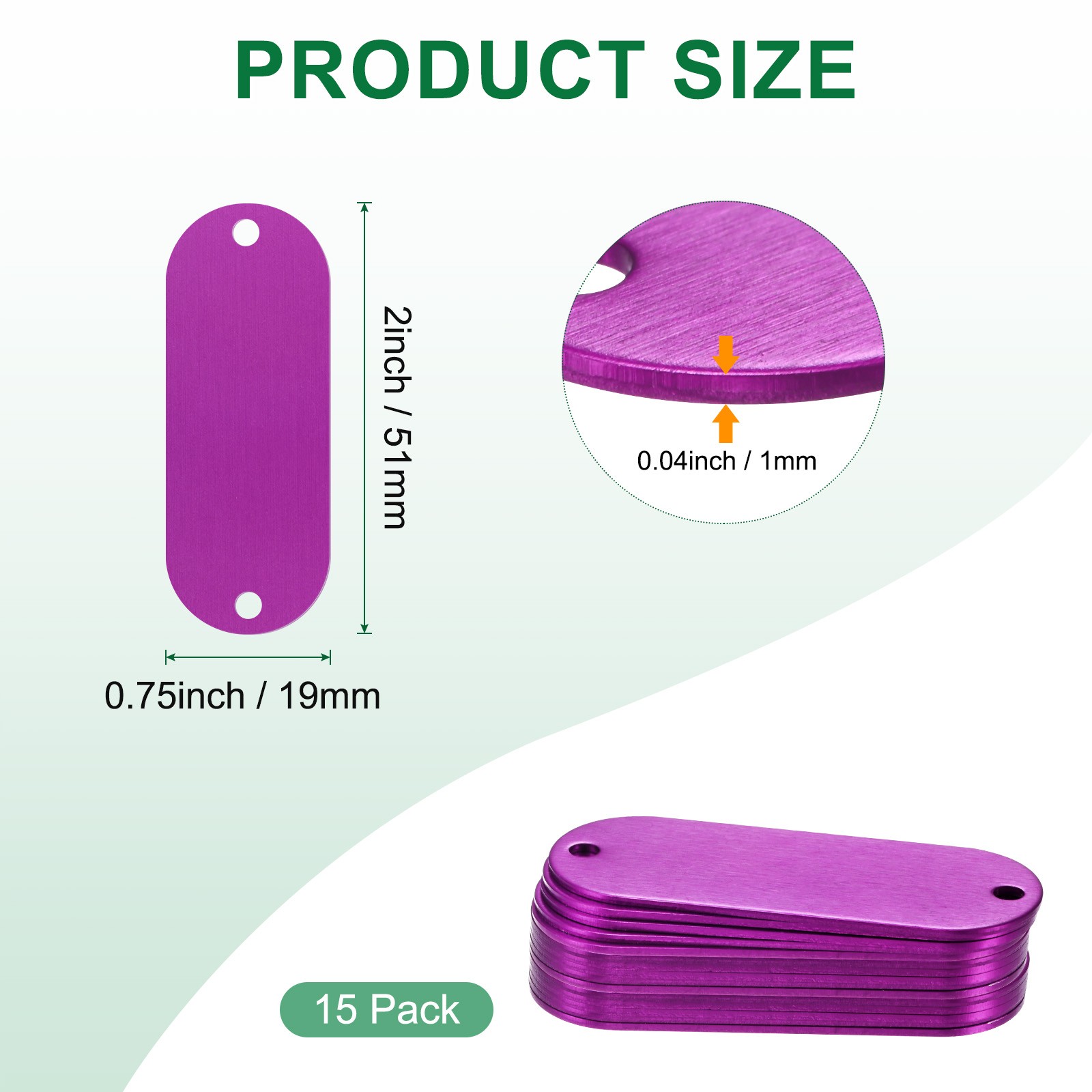 15-Pack 2″ x 0.75″ x 0.04″( L x W x T ) Blank Dog Tags [Purple, 2 Holes]