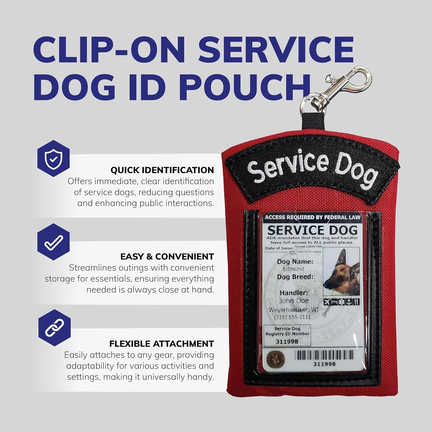 Compact Red Service Dog ID Badge Holder with Zippered Pocket & High Visibility
