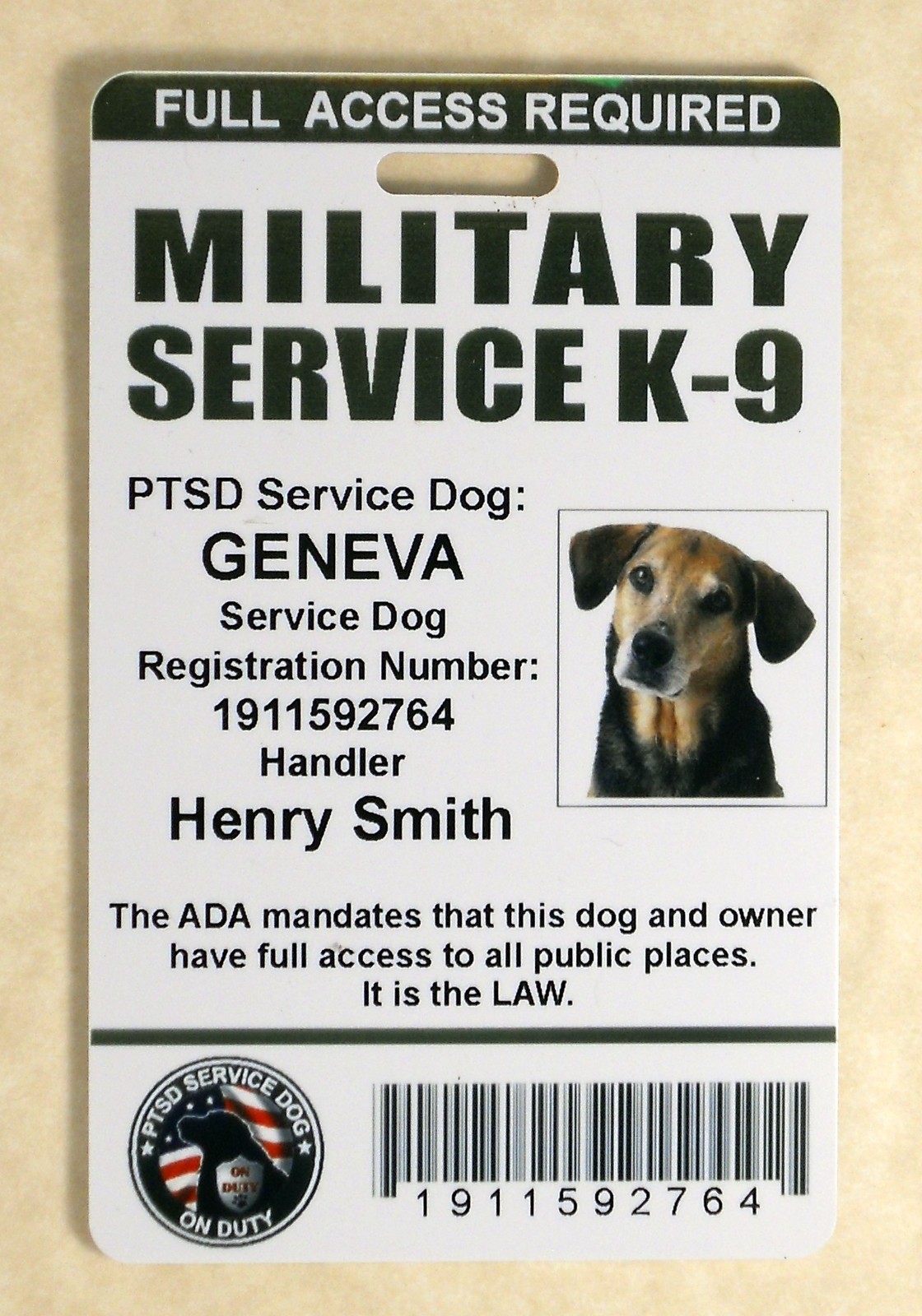 MILITARY PTSD SERVICE DOG ID CARD SERVICE K-9 ID BADGE ADA K-9 TAG # 17