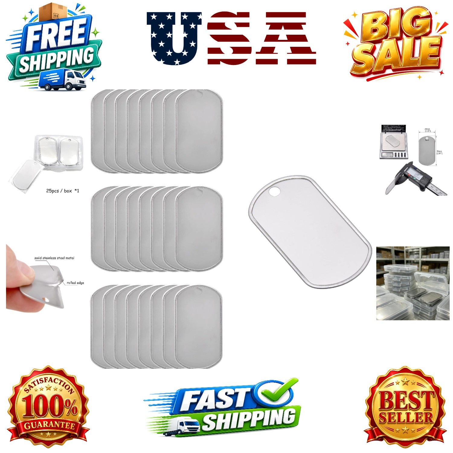 25 Shiny Stainless Steel Military spec Dog Tags – BLANK