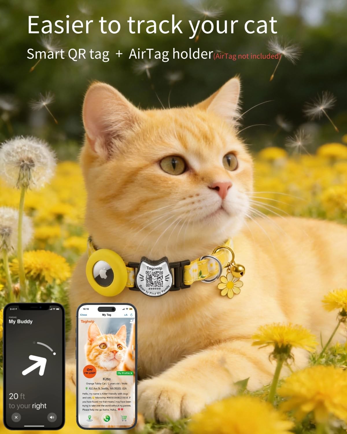 Breakaway Cat Collar with QR Code ID & AirTag Holder, Adjustable Cotton Kitte…