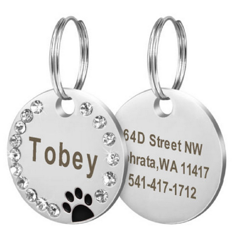 Paw Print Rhinestones Custom Laser Engraved Dog Cat Tag Personalized/Free Ring