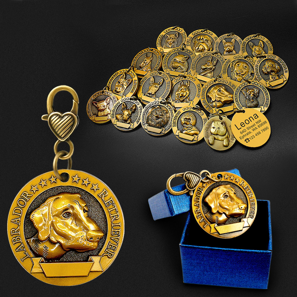 3D Personalized Dog Tags Dog Breeds Pet Name ID Free Engraved Brass for Collar