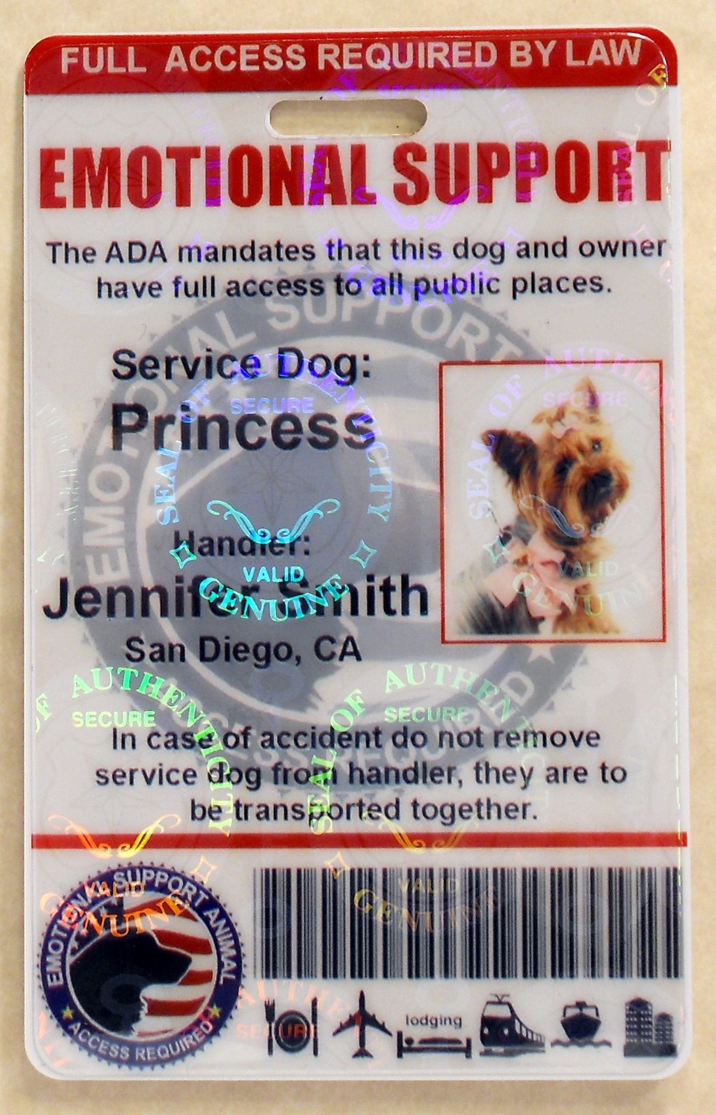 HOLOGRAPHIC EMOTIONAL SUPPORT DOG ID CARD FOR SERVICE DOG ADA RATED VERTICAL 0ES