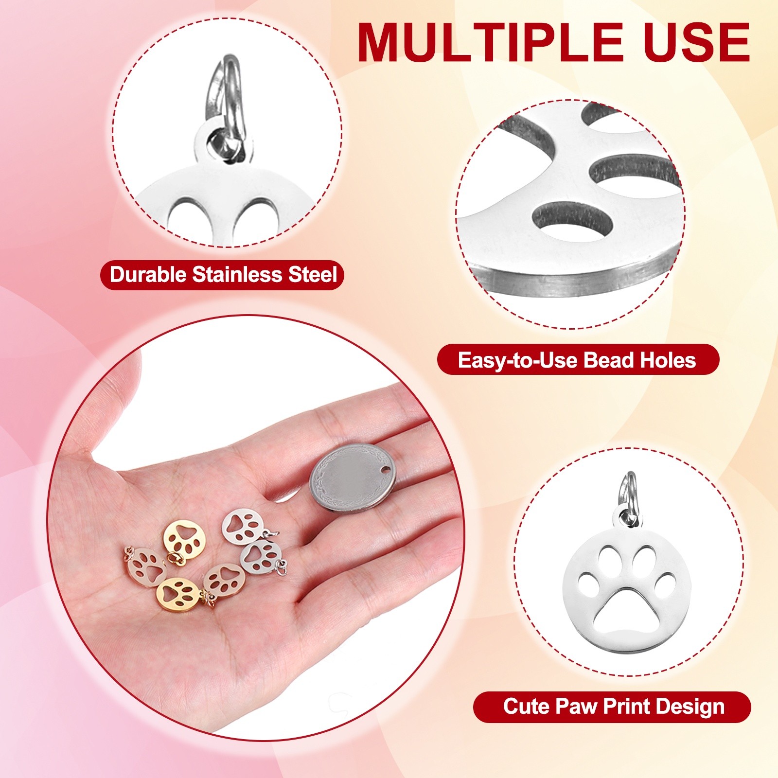 Dog Paw Print Charms 3mm, 20 Pcs Round Cat Dog Paw Pendant, Silver