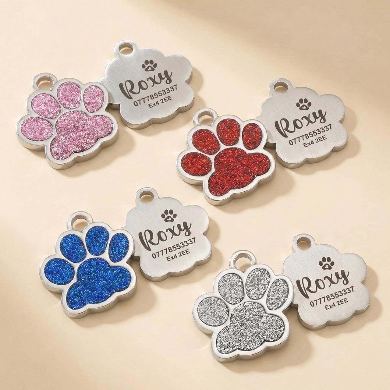 Personalized Paw Glitter Dog Tags Engraved Cat Puppy Pet ID Name Collar Tag New