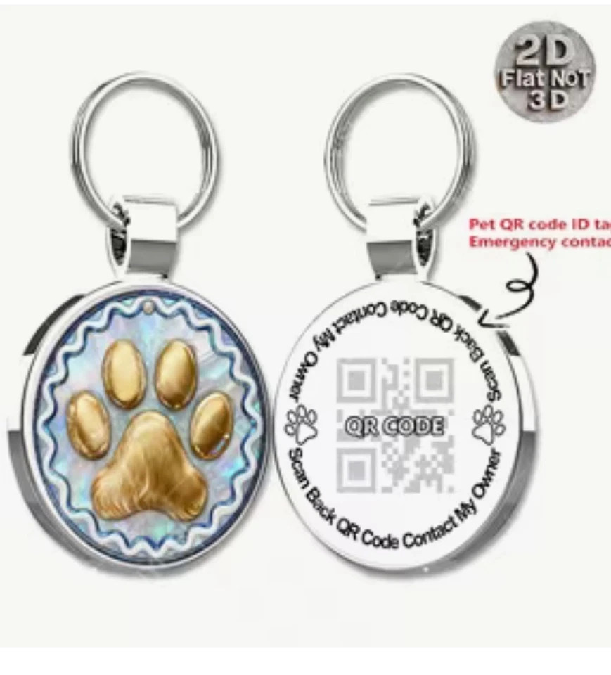 Pet Tag With QR Code- Gold Paw on Pearl Shell, Scan to Contact Owner!