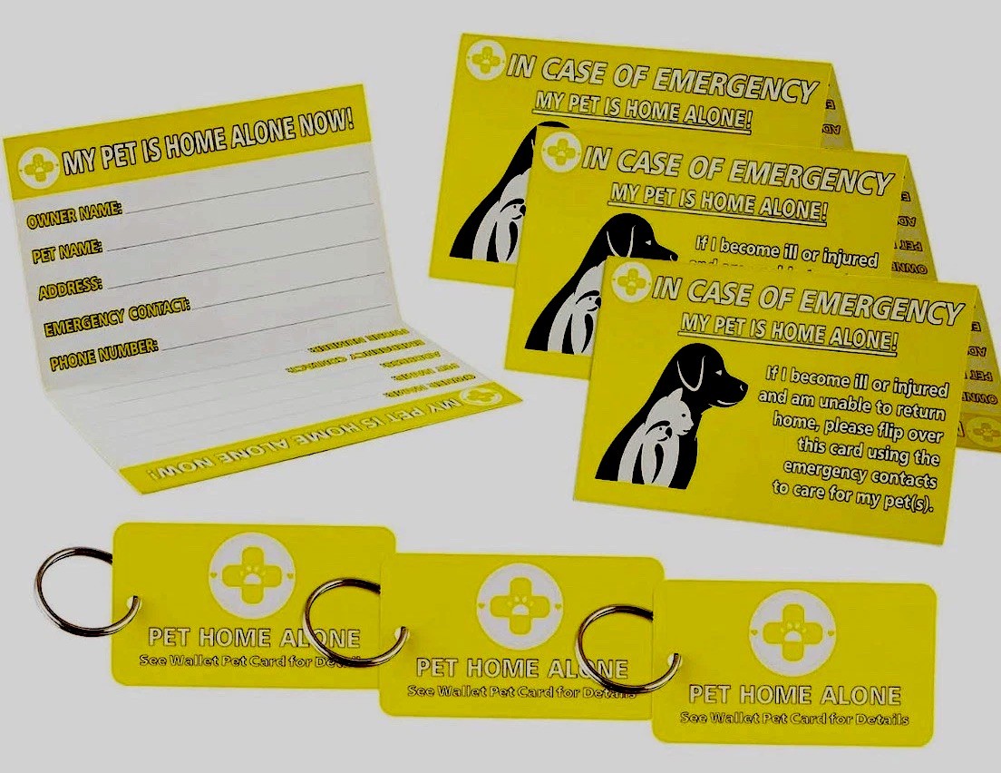 Pet Home Alone Emergency Alert Card Keychain Set Dog Cat Wallet Safety ID