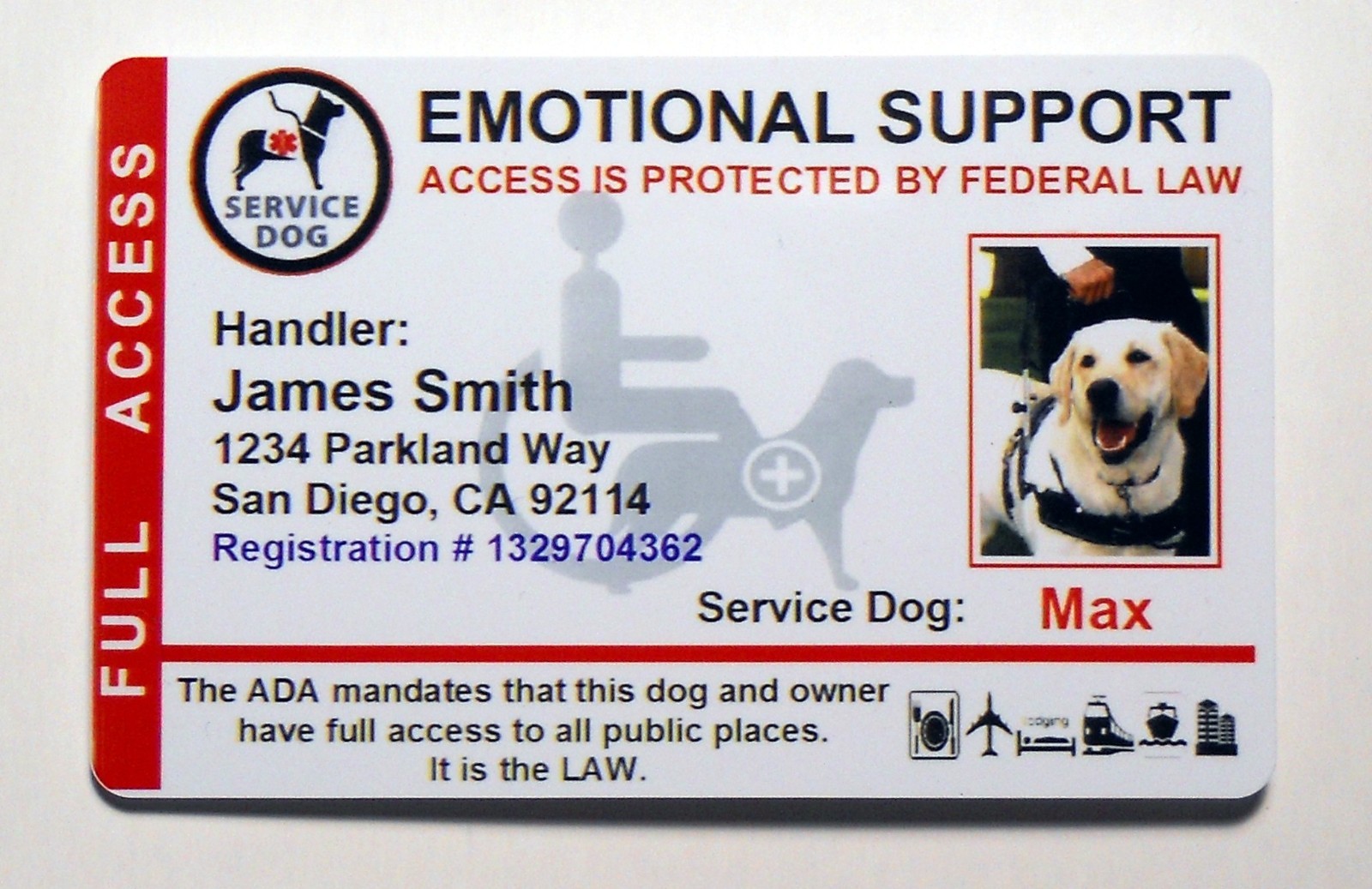 EMOTIONAL SUPPORT SERVICE DOG ID CARD FOR SERVICE ANIMAL ADA RATED VERTICAL 8ES